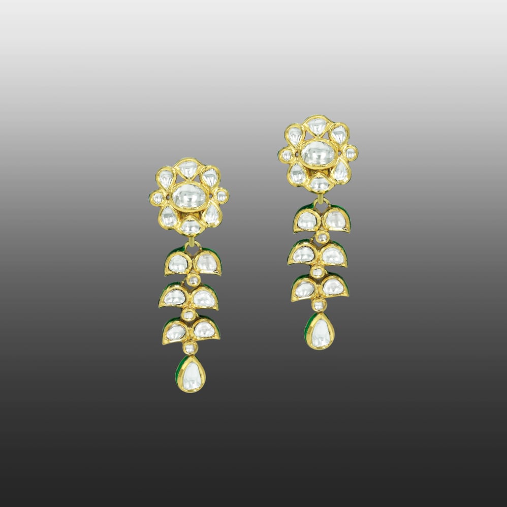 Floral Polki Drop Earrings with Petal Design and Teardrop